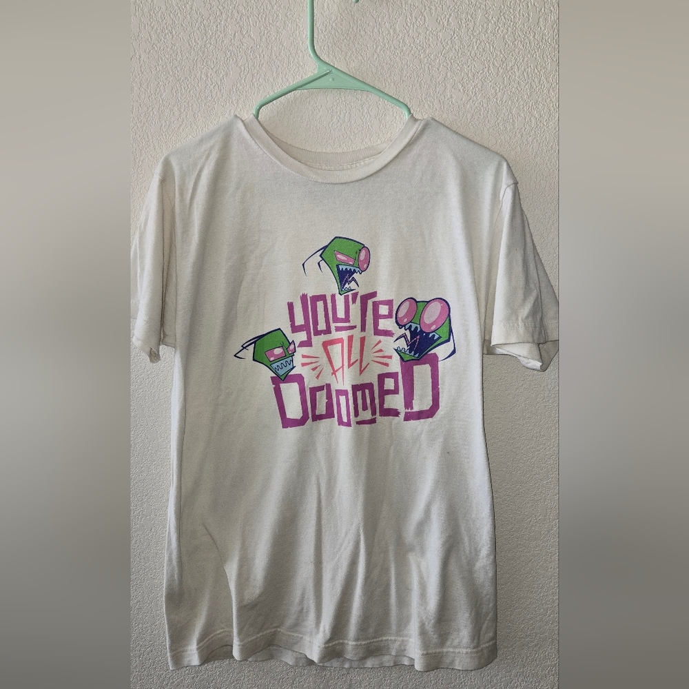 SOLD.  White Graphic T-Shirt with Pink and Green Design